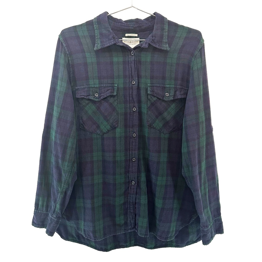 DENIM & SUPPLY RL 100% Cotton Plaid Button‎ Up Flannel Shirt • XL • blue, green